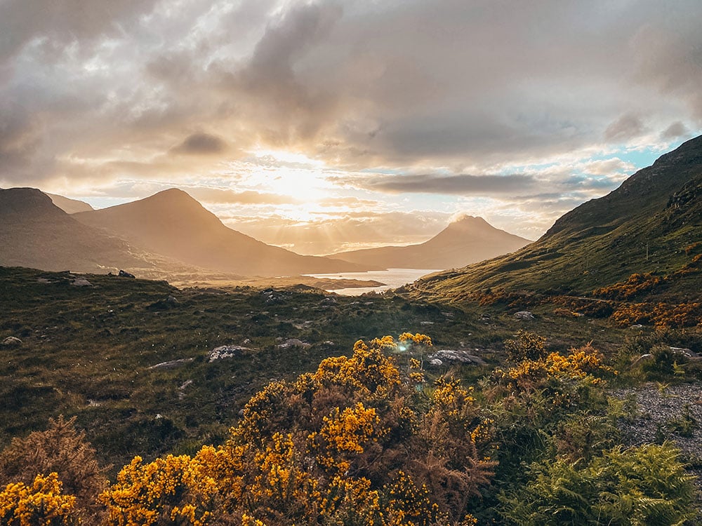 Sunset over mountains on the NC500